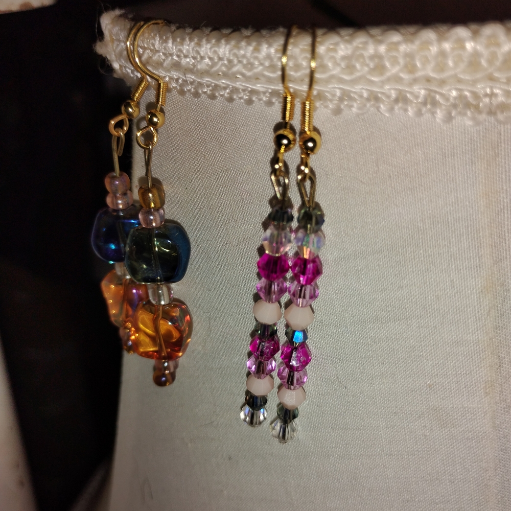 Handcrafted Pink/Purple/Peach/BlueCrystalesque Beaded Dangle Earrings - FunkJunk